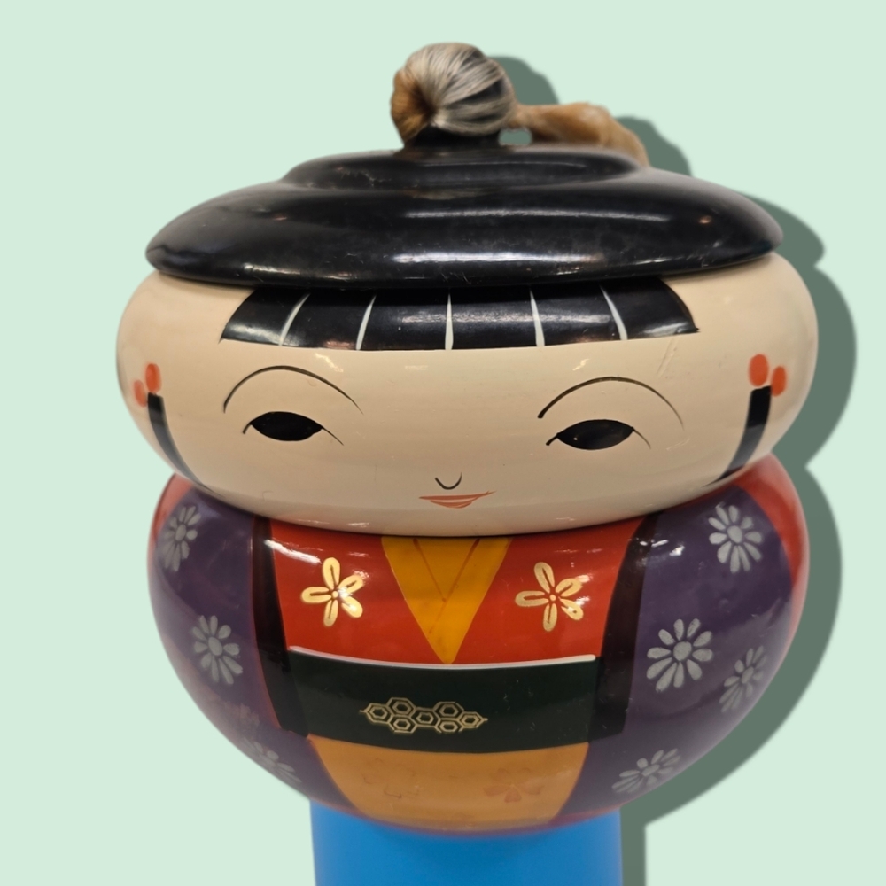 Vintage Japanese 2 Part Lacquer Figural Kokeshi Doll Bento Box Hand Painted 5”